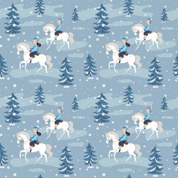 Patrón vectorial sin costuras niñas montando caballos en el bosque de invierno