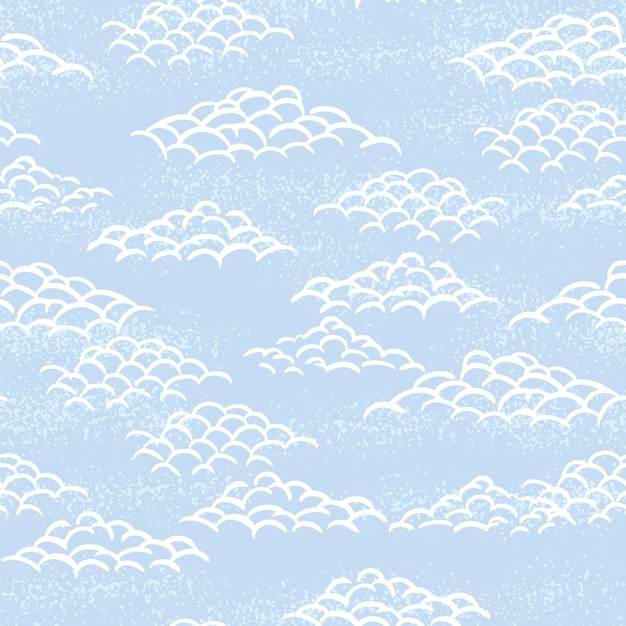 Patrón vectorial sin costuras con nubes blancas estilizadas en un fondo de textura azul suave