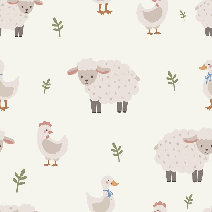 Patrón vectorial sin costuras con ovejas blancas patos pollos flores niños lindos fondo
