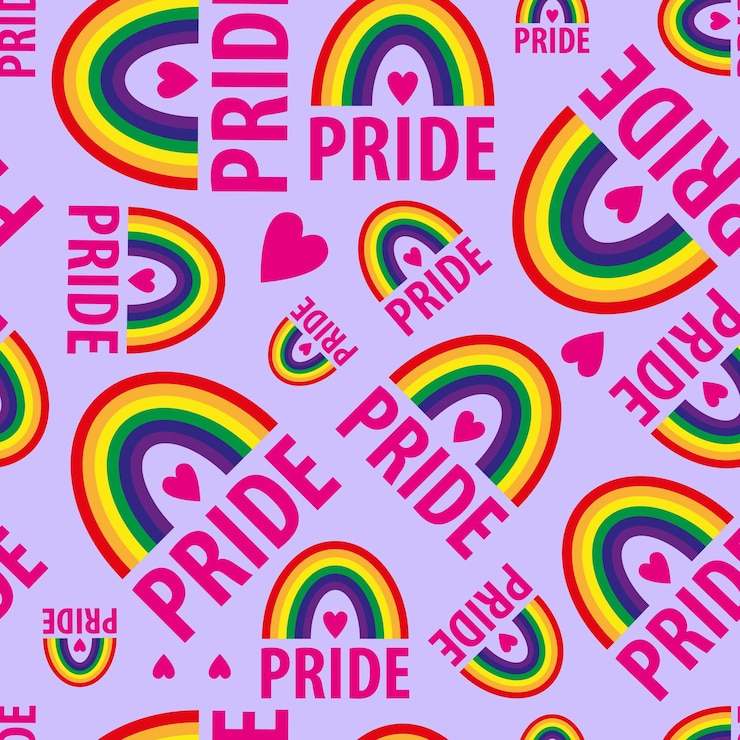 Vector un patrón vectorial sin costuras de las palabras orgullo orgullo lesbiana gay bisexual transgénero corazón arco iris sobre un fondo lila símbolo de la comunidad lgbt para sitios web de envoltura de papel tapiz de tela