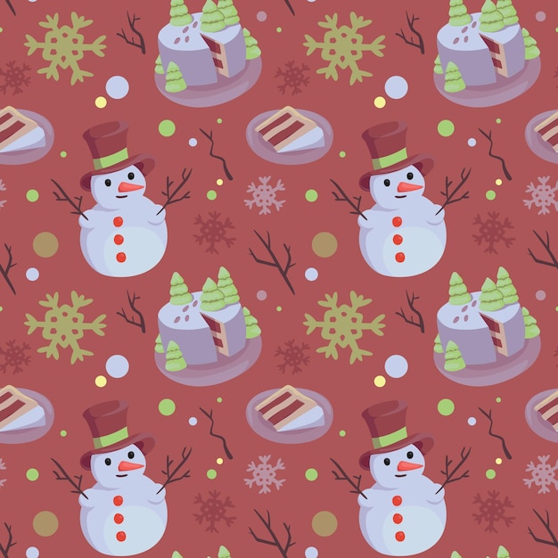 Patrón vectorial sin costuras de pastel festivo y muñeco de nieve, celebración de Navidad y Año Nuevo