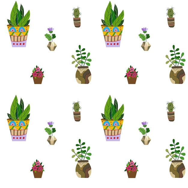 Patrón vectorial sin costuras de plantas de interior en macetas cactus flores violeta geranio aloe botánico