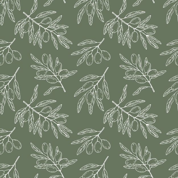 Patrón vectorial sin costuras con rama de olivo botánica con aceitunas y hojas sobre un fondo verde Ilustración de línea blanca para decoración y diseño de telas textiles recuerdos