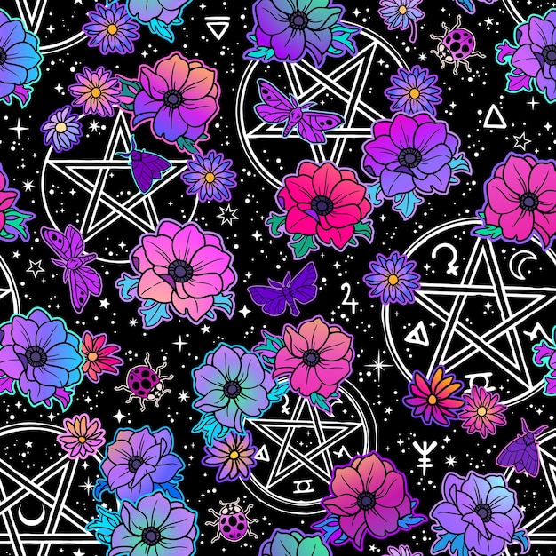 Patrón vectorial sin costuras de símbolos mágicos y flores