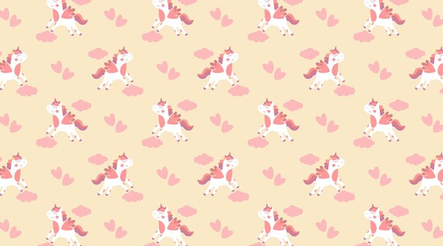 Patrón vectorial sin costuras con simpáticas nubes de unicornios y corazones en colores pastel suaves Perfecto para niños