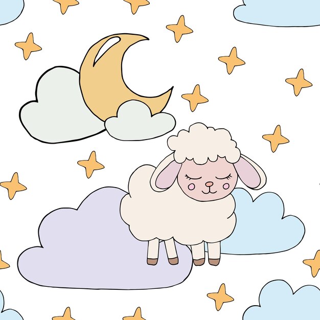Patrón vectorial sin costuras con simpáticas ovejas de dibujos animados nubes estrellas y luna sobre un fondo blanco