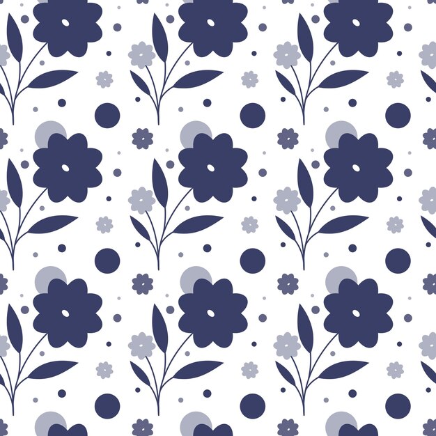 Patrón vectorial sin costuras sobre un fondo blanco con flores azules oscuras con pétalos redondeados