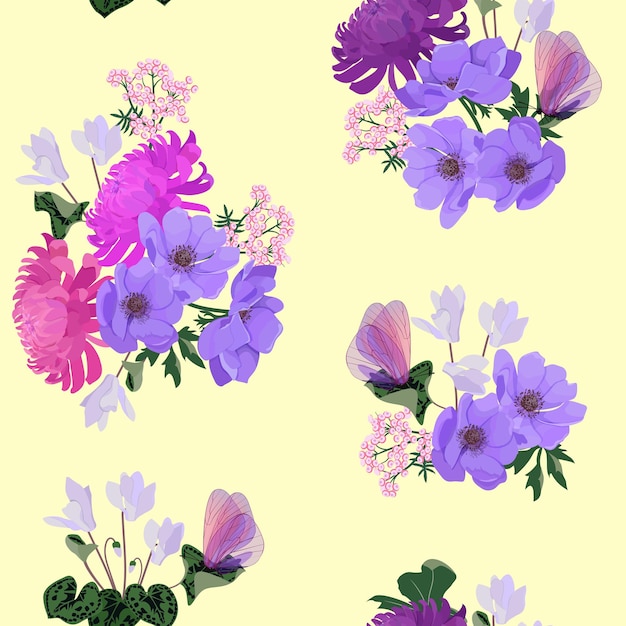 Patrón vectorial con crisantemo de anémona y mariposas sobre un fondo amarillo