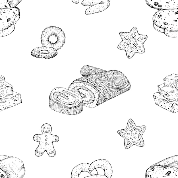 Patrón vectorial dibujado a mano sin costuras de golosinas navideñas de pan de jengibre galletas suizas