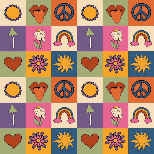 Patrón vectorial en estilo de los años 70 elementos retro en cuadrados flores arco iris labios hongos