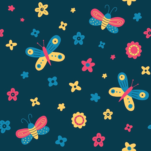 Patrón vectorial en estilo garabato con mariposas decorativas flores fondo oscuro