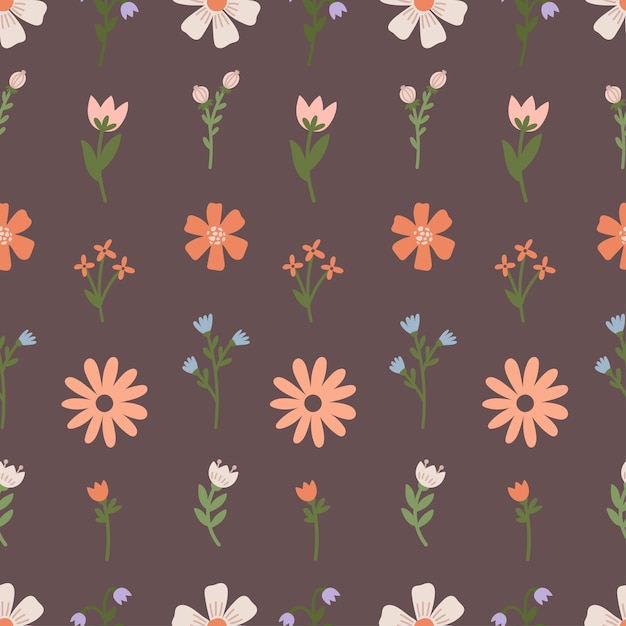 Patrón vectorial de flores de dibujos animados en un fondo marrón