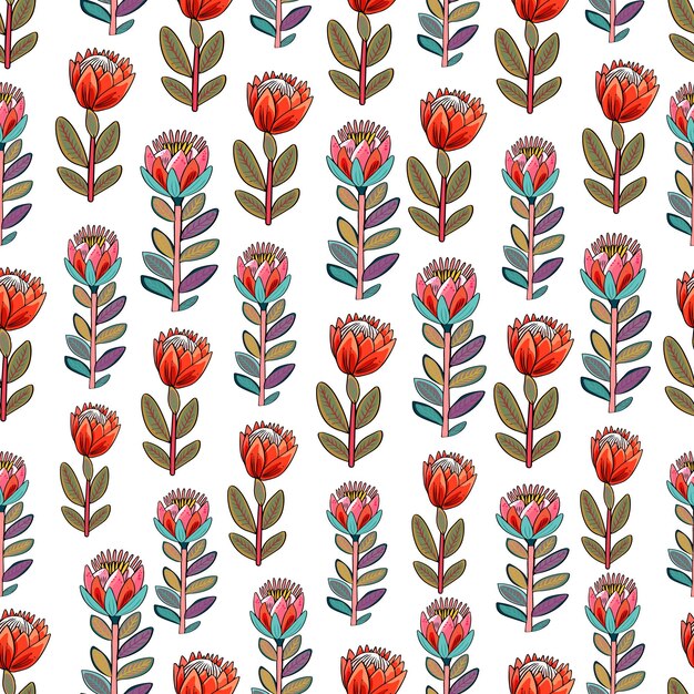 Patrón vectorial de flores de protea Protea flores ilustración sin costuras en estilo boho pegatina en fondo blanco Patrón en blanco para el diseñador