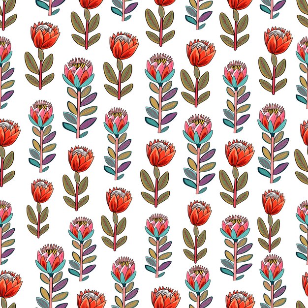 Patrón vectorial de flores de protea protea flores ilustración sin costuras en estilo boho pegatina en fondo blanco patrón en blanco para el diseñador