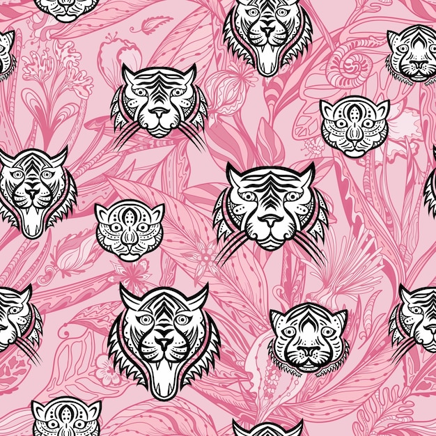 Patrón vectorial con gatos salvajes y plantas de la selva