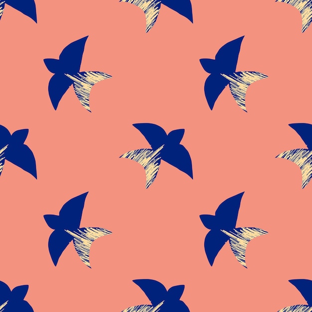 Patrón vectorial con golondrinas azules abstractas al estilo matisse sobre un fondo rosa