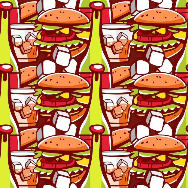 Patrón vectorial de hamburguesas y botellas de vino al estilo de las caricaturas