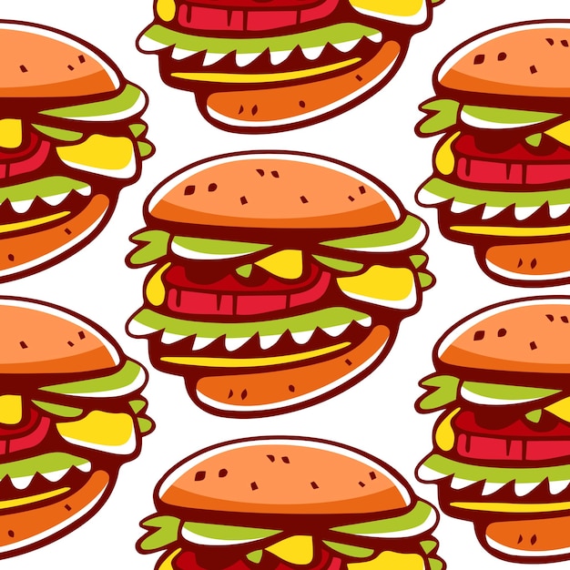 Patrón vectorial de hamburguesas con queso en estilo de dibujos animados