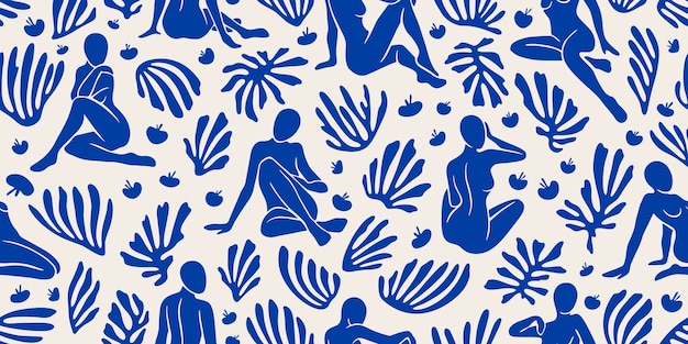 El patrón vectorial horizontal sin fisuras incluye figuras femeninas y plantas inspiradas en matisse