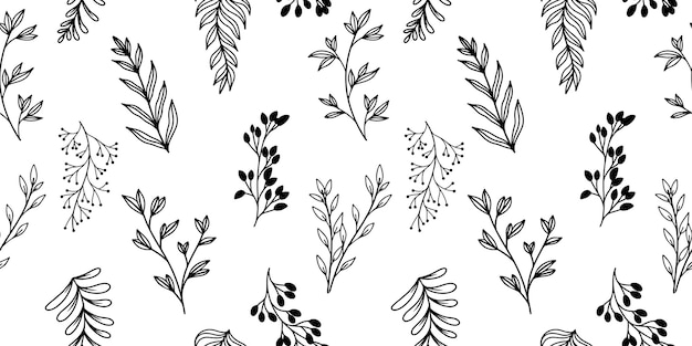 Patrón vectorial sin inconvenientes en blanco y negro con ramas de flores silvestres y hojas para el diseño de impresión, cubiertas de papel para envolver y fondos de pantalla