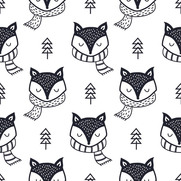 Patrón vectorial sin inconvenientes con Cute Fox y formas dibujadas a mano. Fondo de animales del bosque de dibujos animados infantiles