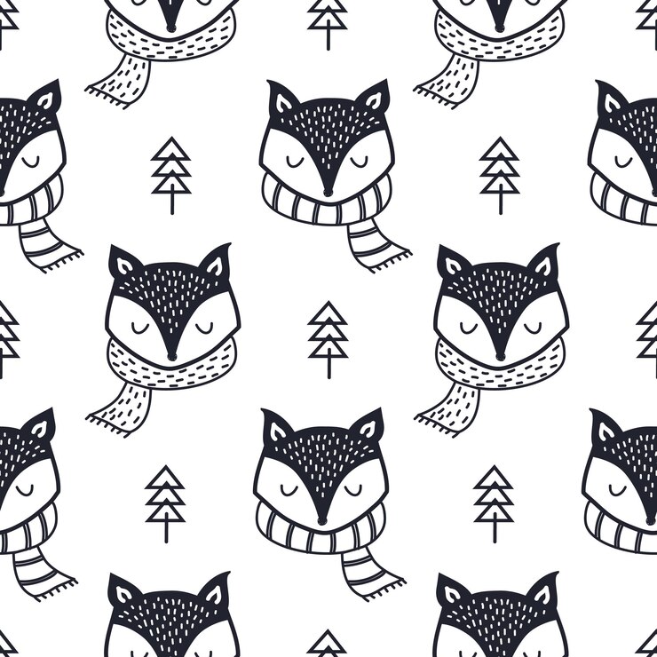 Vector patrón vectorial sin inconvenientes con cute fox y formas dibujadas a mano. fondo de animales del bosque de dibujos animados infantiles