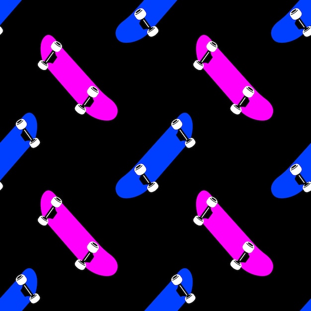 Patrón vectorial juvenil sin costuras con patinetas rosas y azules sobre fondo negro