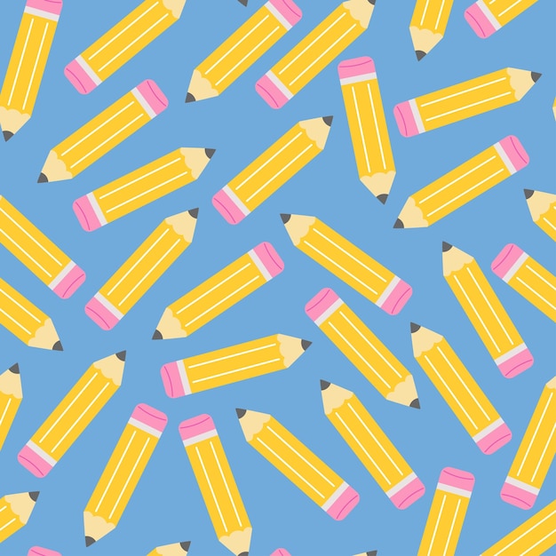 Patrón vectorial de lápiz amarillo con borradores rosados en fondo azul