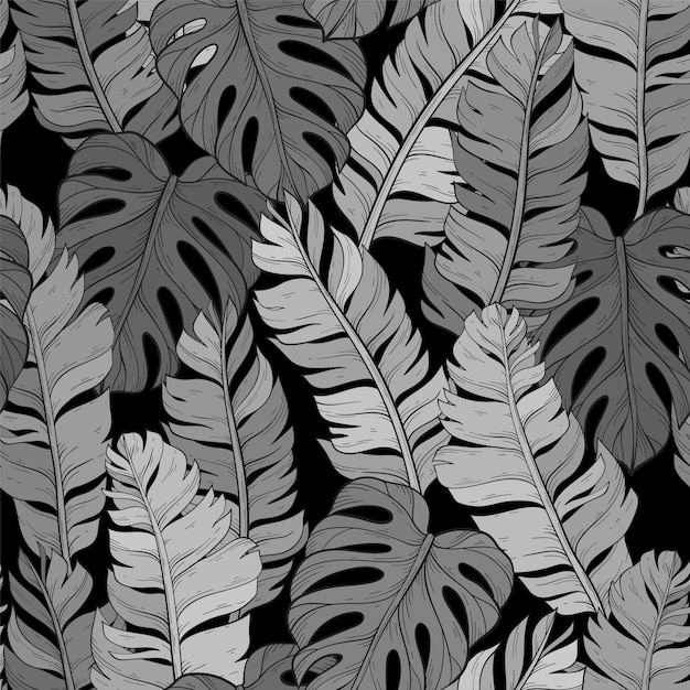 Vector patrón vectorial monocromo de selva con hojas tropicales impresión de verano de moda fondo exótico sin costuras