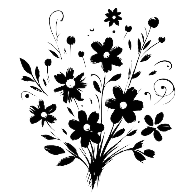 Patrón vectorial negro siluetas dibujadas a mano de flores negras abstractas impresión monocromática