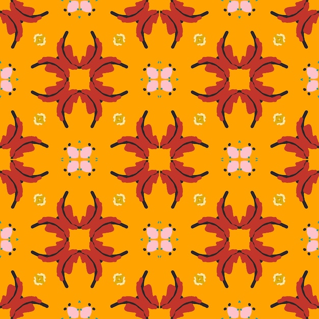 Patrón vectorial oriental Cerámica de Talavera Azulejos portugal Adorno turco Porcelana española Vajilla de cerámica Estampado popular Fondo étnico Fondo de pantalla rojo amarillo transparente mediterráneo