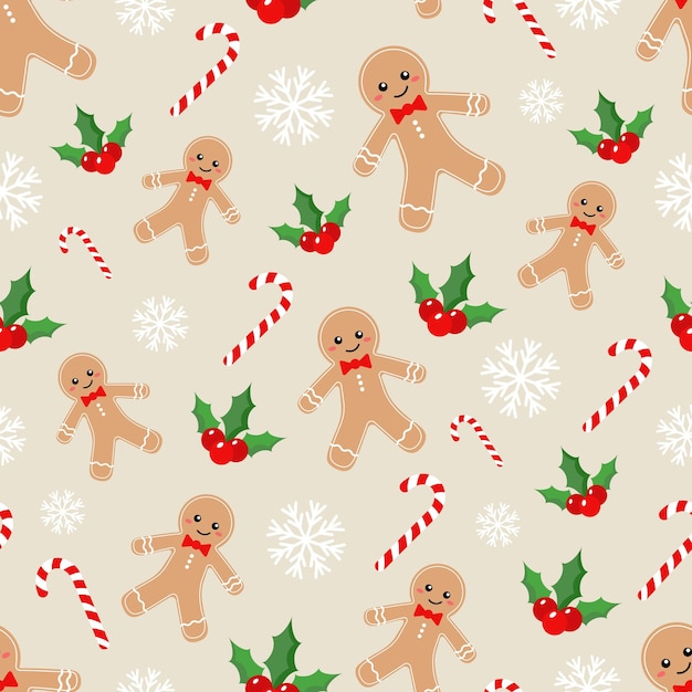 Patrón vectorial con pan de jengibre de Navidad hombres bastones de caramelo y una planta de Navidad