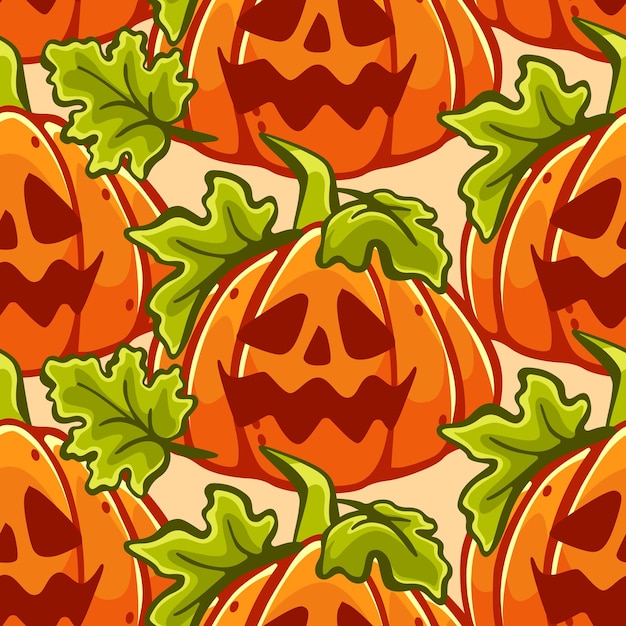 Patrón vectorial sobre el tema de las calabazas y Halloween en un lindo estilo de dibujos animados