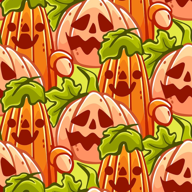 Patrón vectorial sobre el tema de las calabazas y Halloween en un lindo estilo de dibujos animados