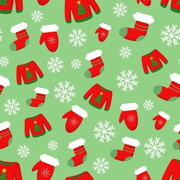 Patrón vectorial con suéter de Navidad rojo, guante y calcetín para regalos sobre un fondo verde claro
