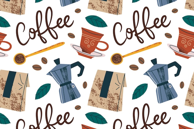 Patrón vectorial en el tema del café taza de café de dibujos animados con platillo olla de moka palabra escrita a mano café