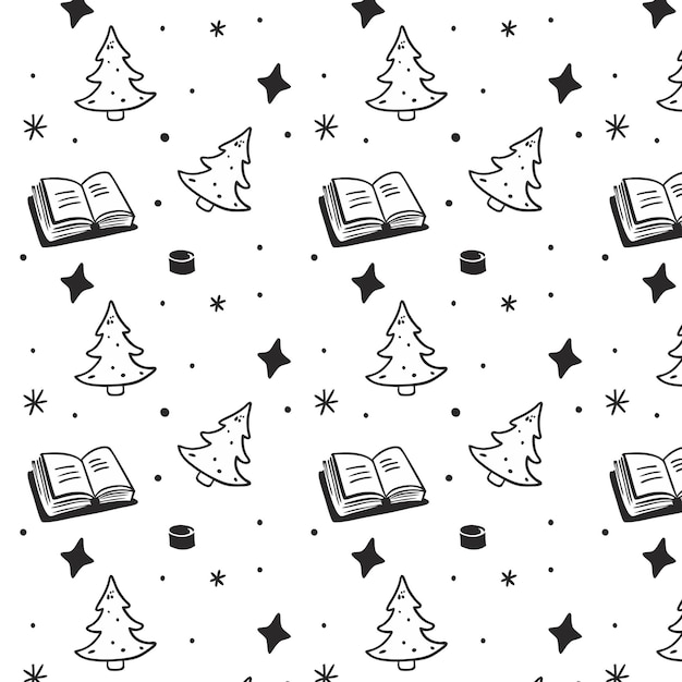 Un patrón vectorial con un tema de invierno con árboles de Navidad y libros en un estilo doodle