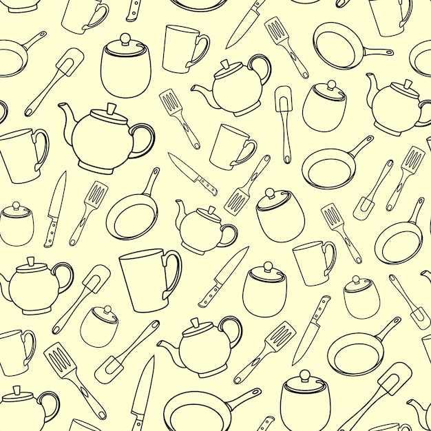 Patrón vectorial con tetera lineal negra, sartén para freír, utensilios de cocina sobre un fondo amarillo
