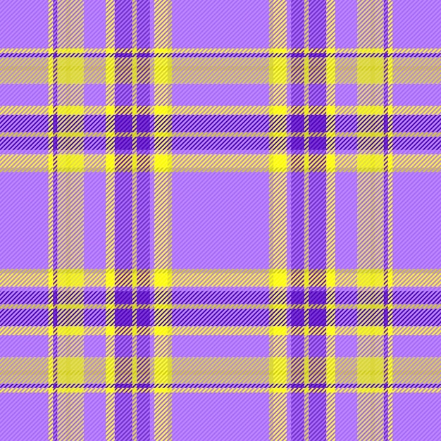 Patrón vectorial de textil de tela de fondo con un control de tartan sin costura a cuadros en colores violeta y amarillo