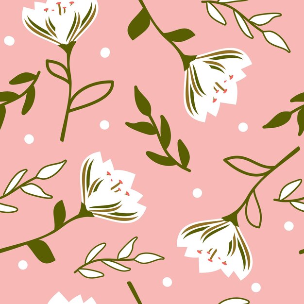 patrón vectorial transparente con flores abstractas blancas, puntos blancos y hojas verdes