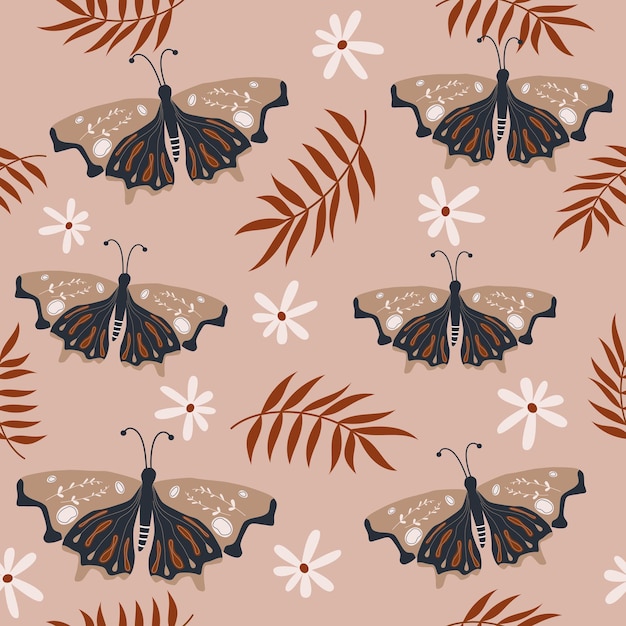 patrón vectorial transparente con polilla, flores de margarita y hojas