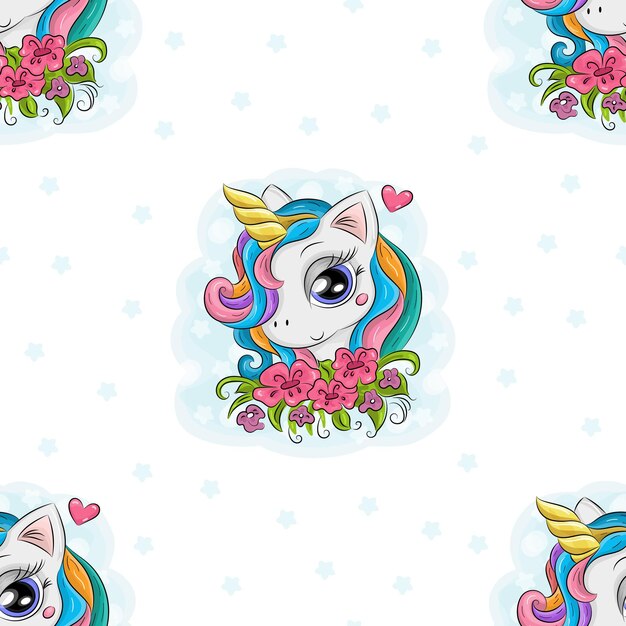 El patrón vectorial del unicornio dibujado a mano es lindo y gracioso.