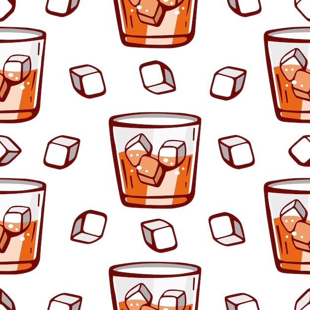 Patrón vectorial de vasos con bebida y hielo en estilo de dibujos animados