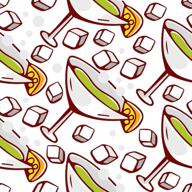 Patrón vectorial de vasos y copas con bebida y hielo al estilo de las caricaturas