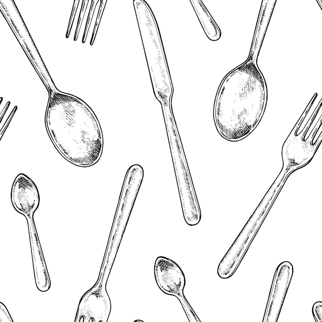 Patrón vectorial vintage sin costuras de cubiertos dibujados a mano en estilo de grabado elegante en blanco y negro
