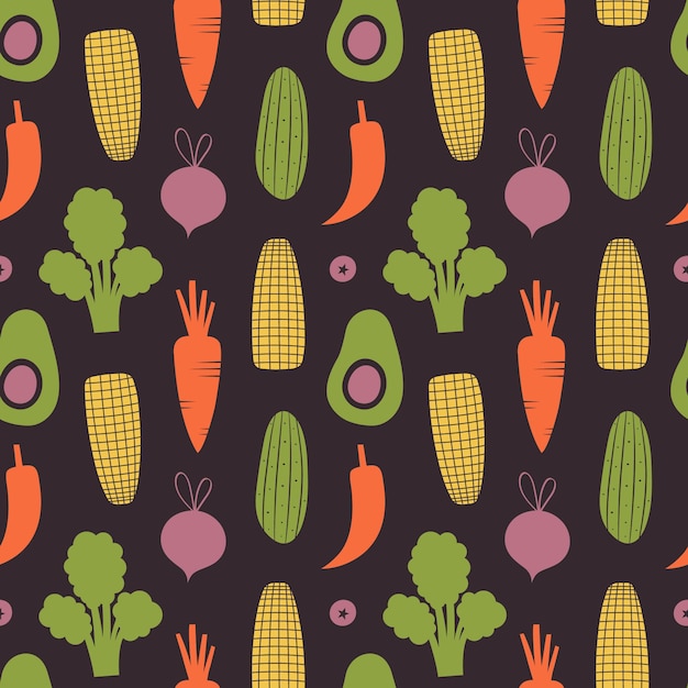 Patrón vegetal sin fisuras con ilustraciones de aguacate, zanahoria, brócoli, maíz, remolacha.