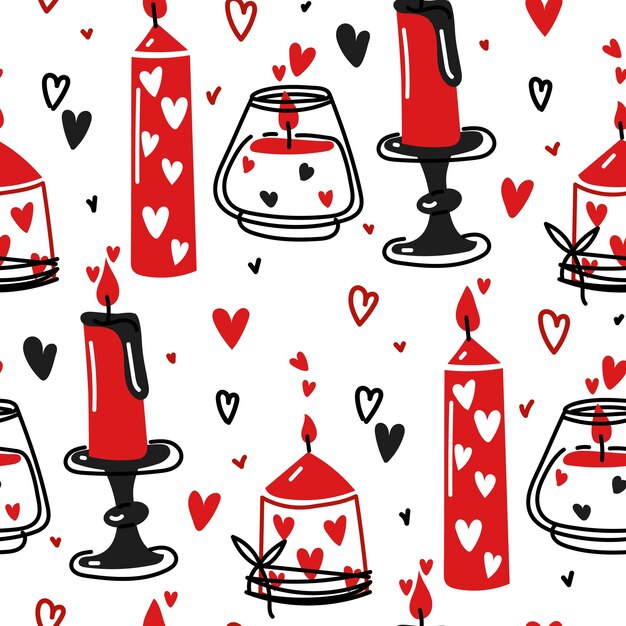 Patrón de velas coloridas ardiendo corazones romance de amor ilustración de repetición de vector plano sin costuras