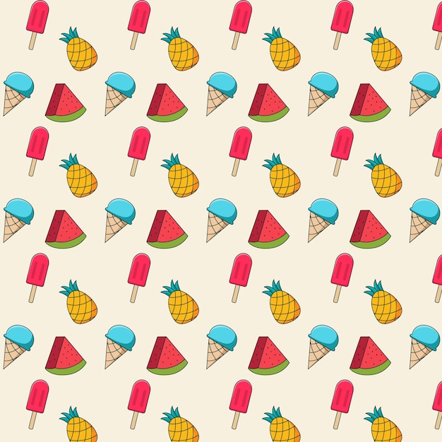 Patrón de verano colorido sin costuras con elementos de verano como helado de piña y sandía sl