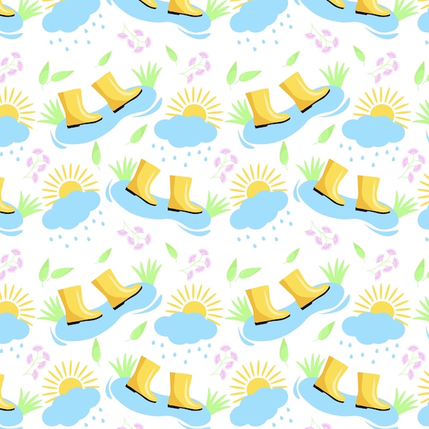 Patrón de verano sin costuras para cubiertas textiles papel botas de goma charco flores de lluvia