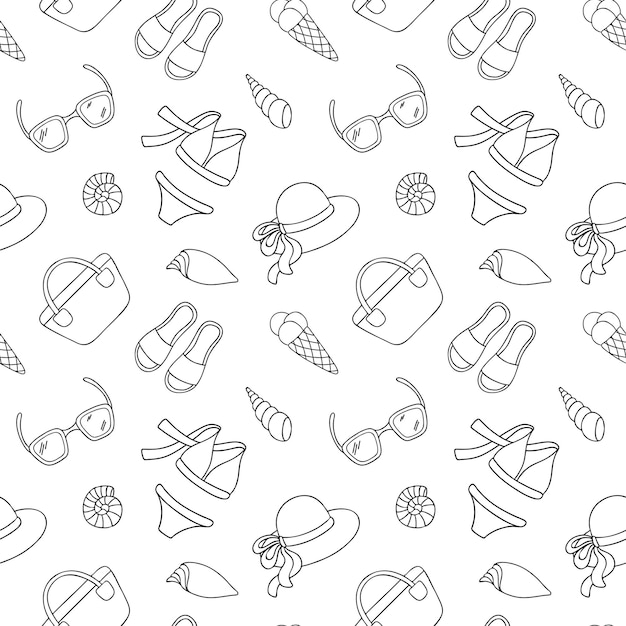 Patrón de verano sin costuras con elementos de playa como gafas de sol, sombrero, conchas de bikini, bolso, chanclas